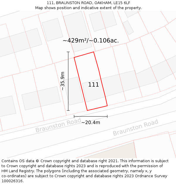 111, BRAUNSTON ROAD, OAKHAM, LE15 6LF: Plot and title map