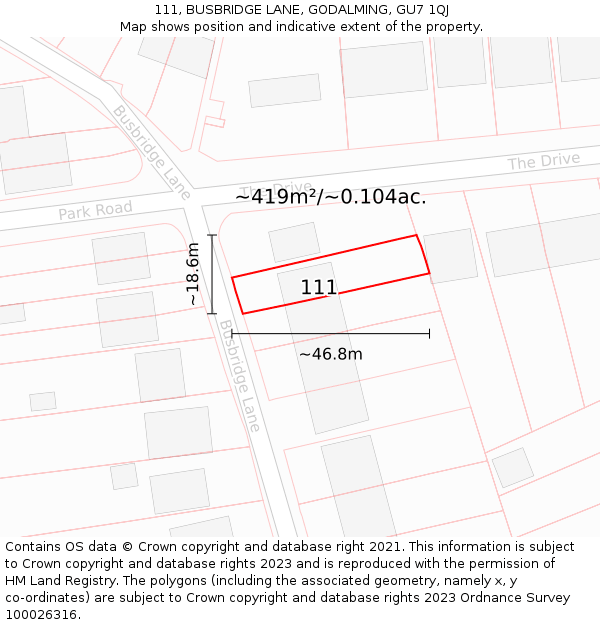 111, BUSBRIDGE LANE, GODALMING, GU7 1QJ: Plot and title map
