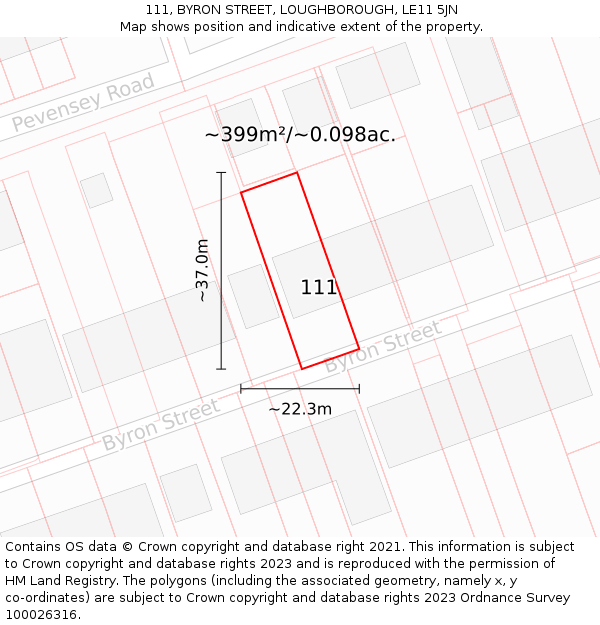 111, BYRON STREET, LOUGHBOROUGH, LE11 5JN: Plot and title map