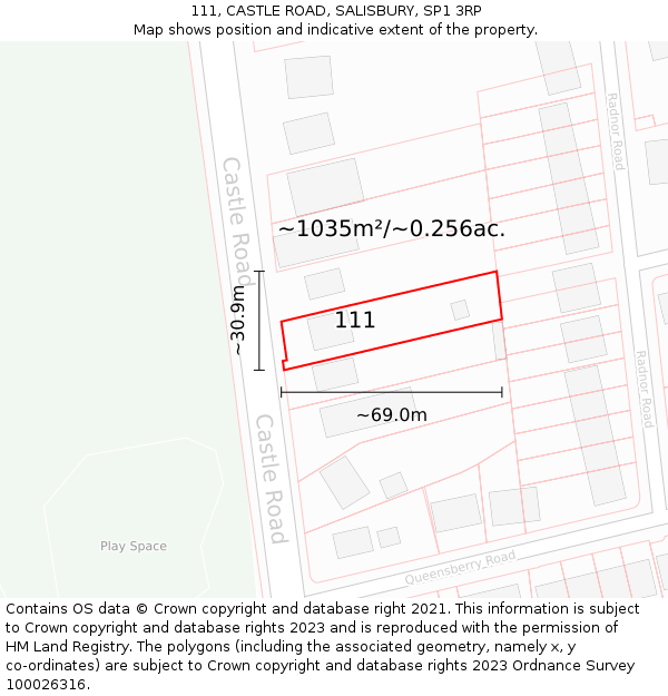 111, CASTLE ROAD, SALISBURY, SP1 3RP: Plot and title map