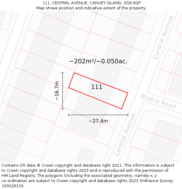 111, CENTRAL AVENUE, CANVEY ISLAND, SS8 9QP: Plot and title map