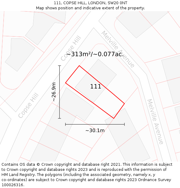 111, COPSE HILL, LONDON, SW20 0NT: Plot and title map