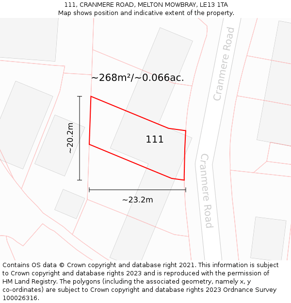 111, CRANMERE ROAD, MELTON MOWBRAY, LE13 1TA: Plot and title map