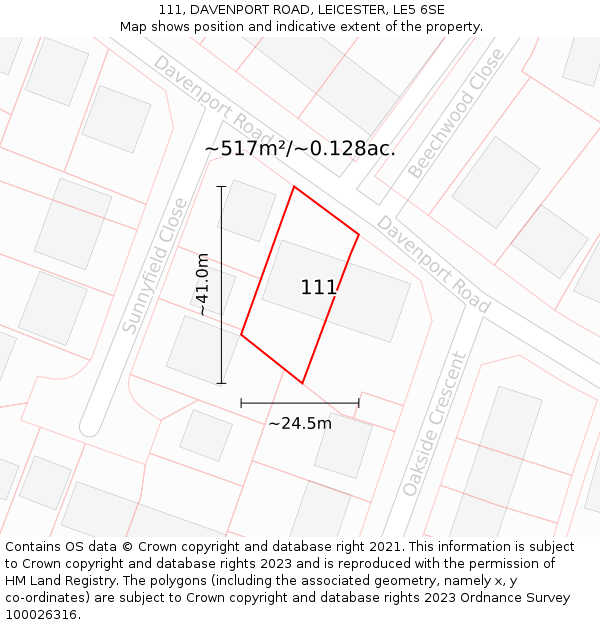 111, DAVENPORT ROAD, LEICESTER, LE5 6SE: Plot and title map