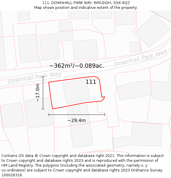 111, DOWNHALL PARK WAY, RAYLEIGH, SS6 9QZ: Plot and title map