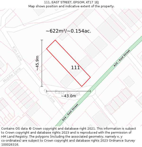 111, EAST STREET, EPSOM, KT17 1EJ: Plot and title map