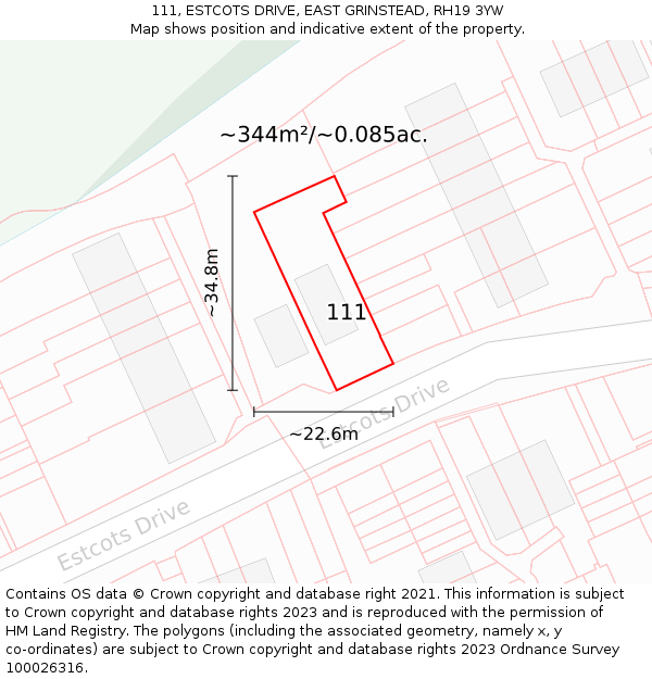 111, ESTCOTS DRIVE, EAST GRINSTEAD, RH19 3YW: Plot and title map