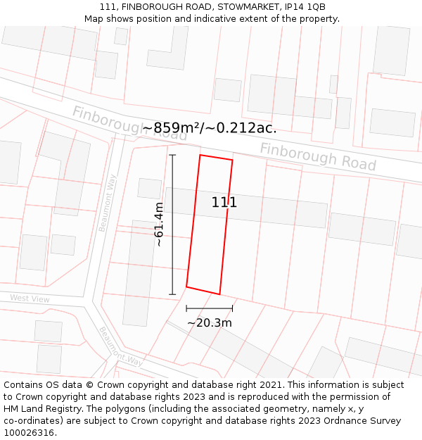 111, FINBOROUGH ROAD, STOWMARKET, IP14 1QB: Plot and title map