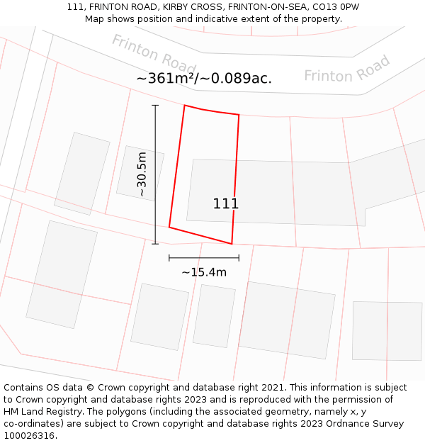 111, FRINTON ROAD, KIRBY CROSS, FRINTON-ON-SEA, CO13 0PW: Plot and title map