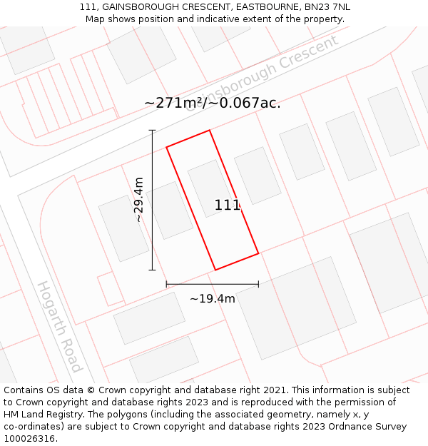 111, GAINSBOROUGH CRESCENT, EASTBOURNE, BN23 7NL: Plot and title map
