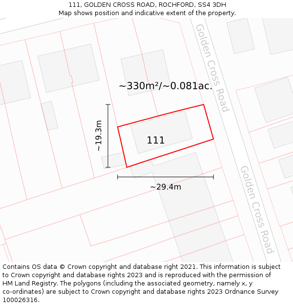 111, GOLDEN CROSS ROAD, ROCHFORD, SS4 3DH: Plot and title map