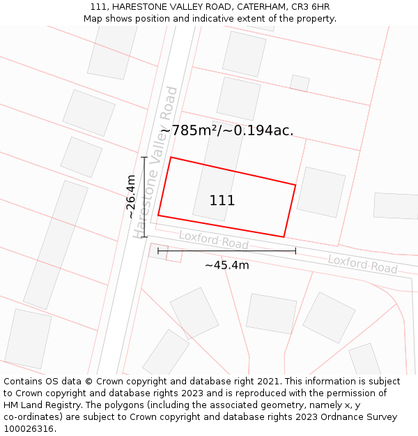 111, HARESTONE VALLEY ROAD, CATERHAM, CR3 6HR: Plot and title map