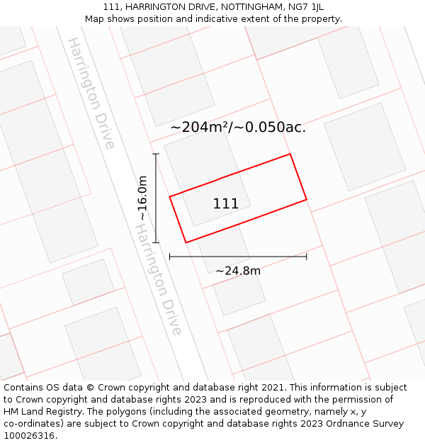 111, HARRINGTON DRIVE, NOTTINGHAM, NG7 1JL: Plot and title map