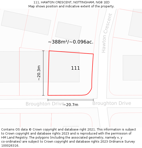 111, HAWTON CRESCENT, NOTTINGHAM, NG8 1ED: Plot and title map