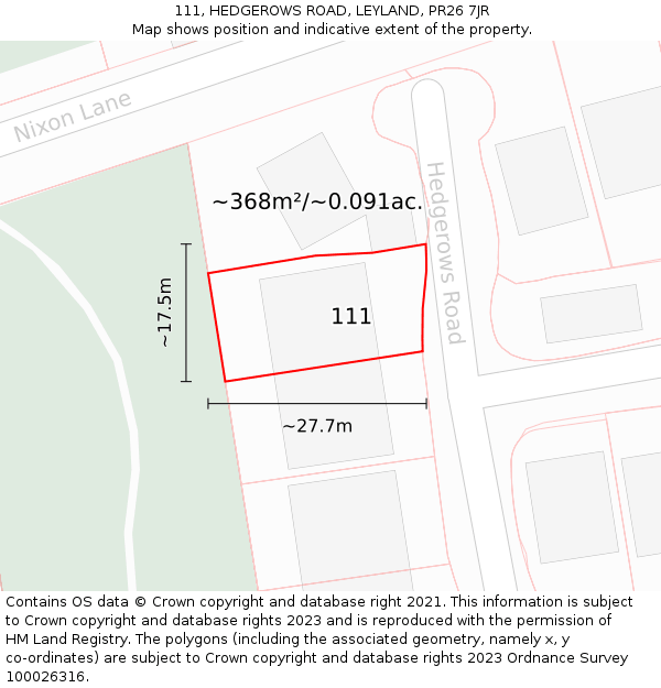 111, HEDGEROWS ROAD, LEYLAND, PR26 7JR: Plot and title map