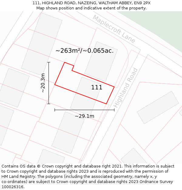 111, HIGHLAND ROAD, NAZEING, WALTHAM ABBEY, EN9 2PX: Plot and title map