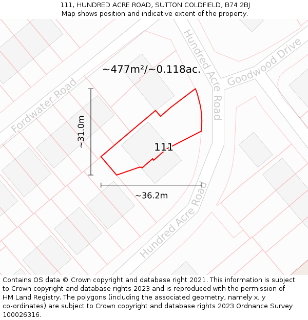 111, HUNDRED ACRE ROAD, SUTTON COLDFIELD, B74 2BJ: Plot and title map