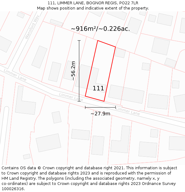 111, LIMMER LANE, BOGNOR REGIS, PO22 7LR: Plot and title map