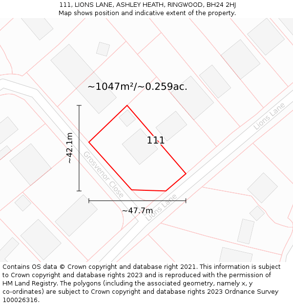 111, LIONS LANE, ASHLEY HEATH, RINGWOOD, BH24 2HJ: Plot and title map