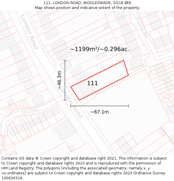 111, LONDON ROAD, BIGGLESWADE, SG18 8EE: Plot and title map