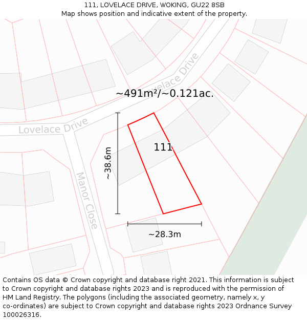 111, LOVELACE DRIVE, WOKING, GU22 8SB: Plot and title map