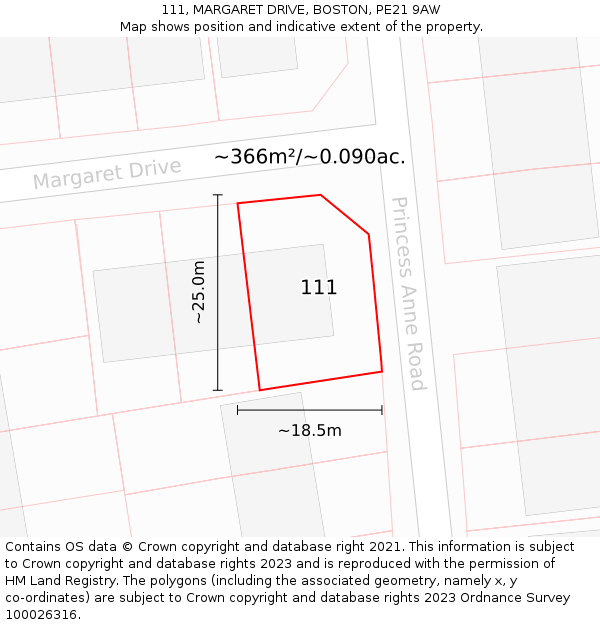 111, MARGARET DRIVE, BOSTON, PE21 9AW: Plot and title map