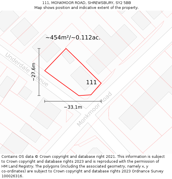 111, MONKMOOR ROAD, SHREWSBURY, SY2 5BB: Plot and title map