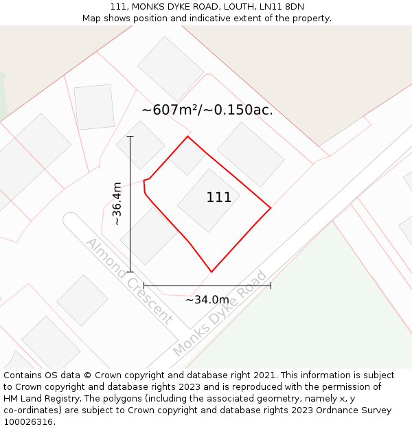 111, MONKS DYKE ROAD, LOUTH, LN11 8DN: Plot and title map