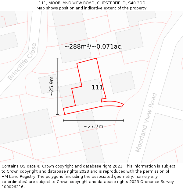 111, MOORLAND VIEW ROAD, CHESTERFIELD, S40 3DD: Plot and title map