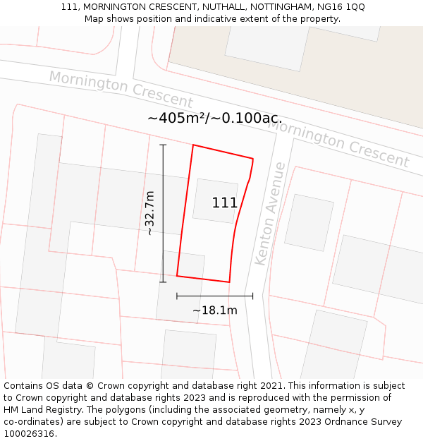 111, MORNINGTON CRESCENT, NUTHALL, NOTTINGHAM, NG16 1QQ: Plot and title map