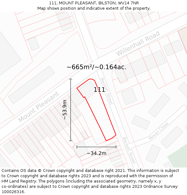 111, MOUNT PLEASANT, BILSTON, WV14 7NR: Plot and title map