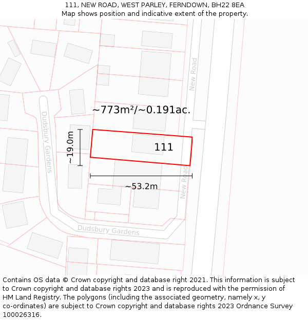 111, NEW ROAD, WEST PARLEY, FERNDOWN, BH22 8EA: Plot and title map