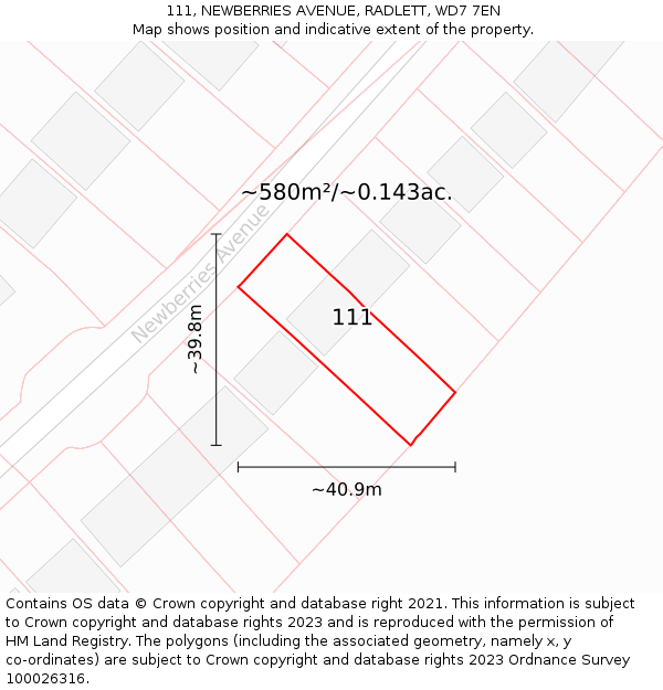 111, NEWBERRIES AVENUE, RADLETT, WD7 7EN: Plot and title map