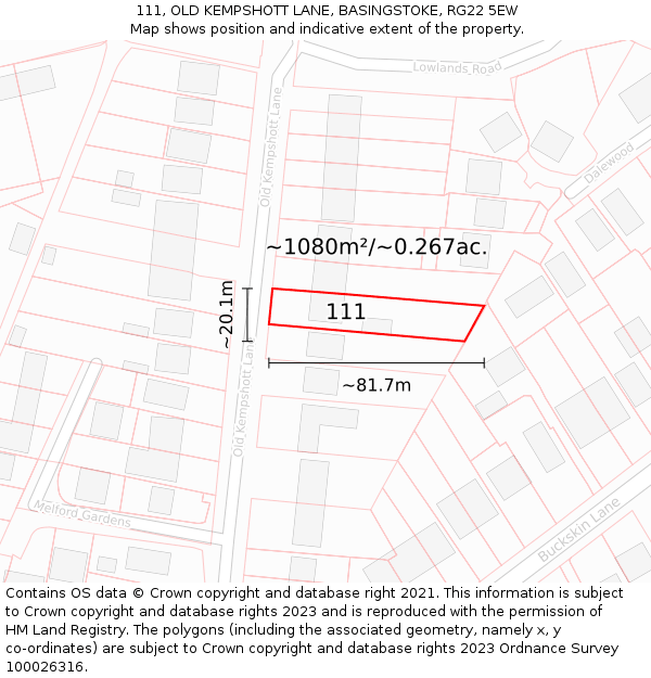 111, OLD KEMPSHOTT LANE, BASINGSTOKE, RG22 5EW: Plot and title map