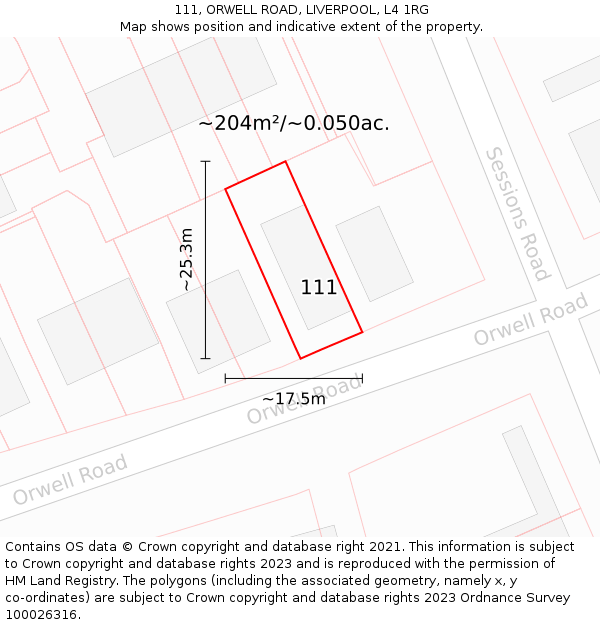111, ORWELL ROAD, LIVERPOOL, L4 1RG: Plot and title map