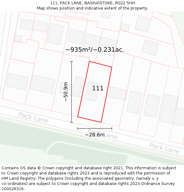 111, PACK LANE, BASINGSTOKE, RG22 5HH: Plot and title map