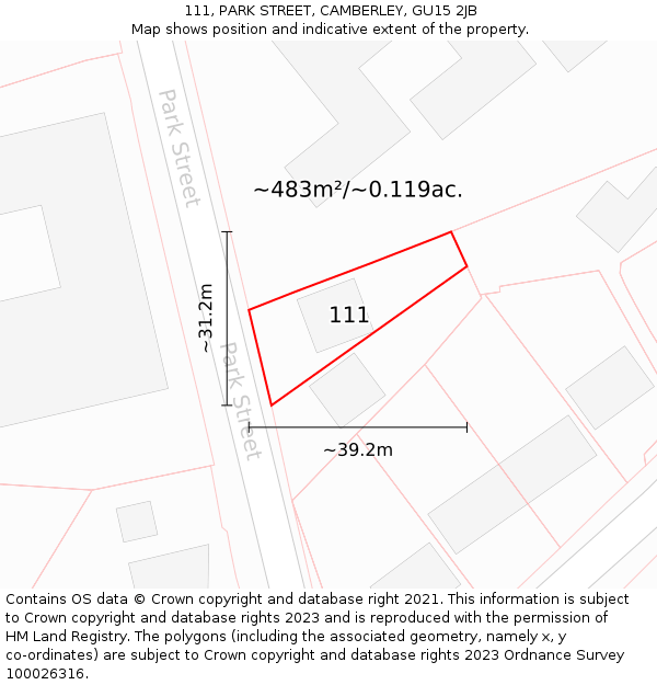 111, PARK STREET, CAMBERLEY, GU15 2JB: Plot and title map