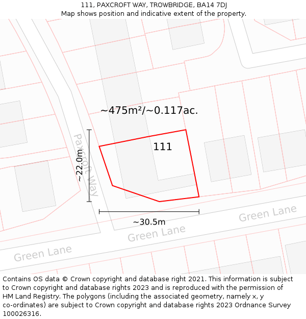 111, PAXCROFT WAY, TROWBRIDGE, BA14 7DJ: Plot and title map