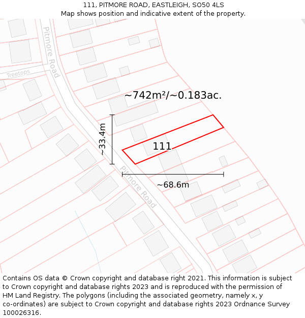 111, PITMORE ROAD, EASTLEIGH, SO50 4LS: Plot and title map