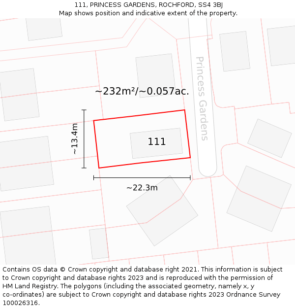 111, PRINCESS GARDENS, ROCHFORD, SS4 3BJ: Plot and title map