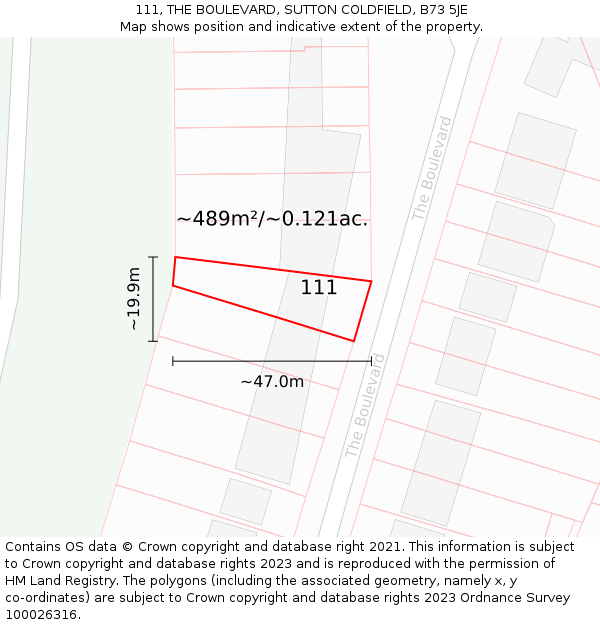 111, THE BOULEVARD, SUTTON COLDFIELD, B73 5JE: Plot and title map