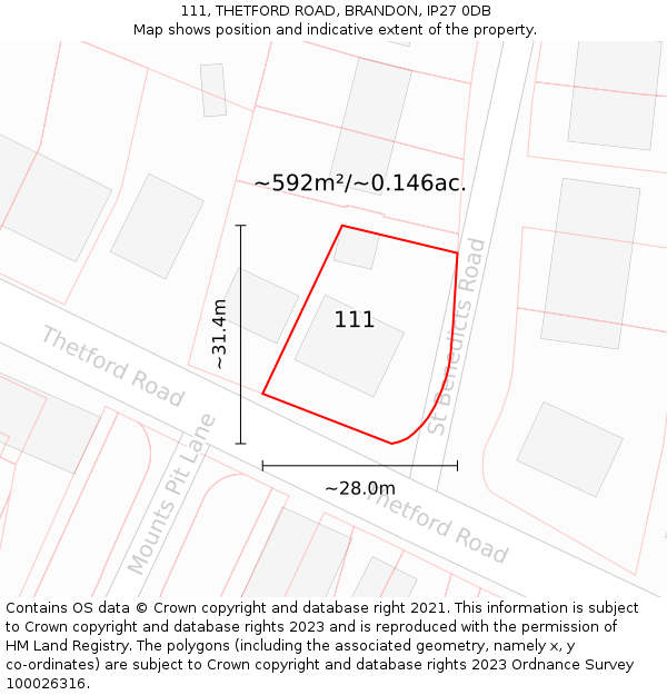 111, THETFORD ROAD, BRANDON, IP27 0DB: Plot and title map