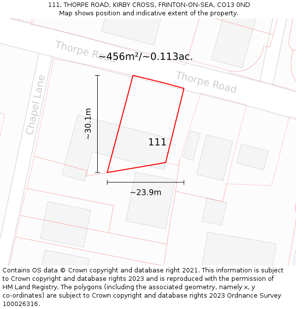 111, THORPE ROAD, KIRBY CROSS, FRINTON-ON-SEA, CO13 0ND: Plot and title map