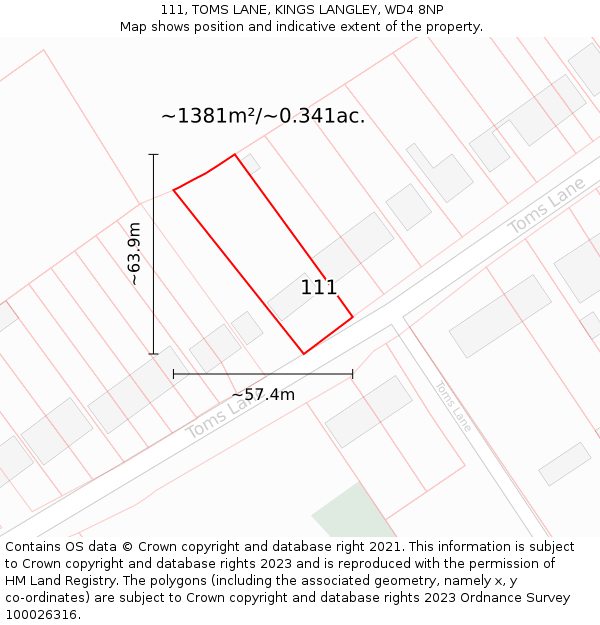 111, TOMS LANE, KINGS LANGLEY, WD4 8NP: Plot and title map