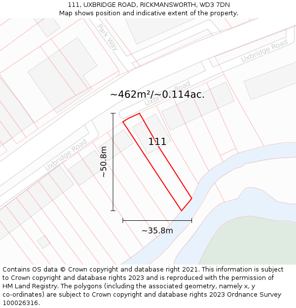 111, UXBRIDGE ROAD, RICKMANSWORTH, WD3 7DN: Plot and title map