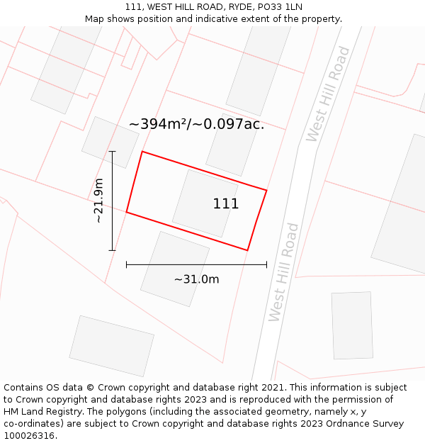 111, WEST HILL ROAD, RYDE, PO33 1LN: Plot and title map