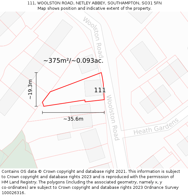 111, WOOLSTON ROAD, NETLEY ABBEY, SOUTHAMPTON, SO31 5FN: Plot and title map