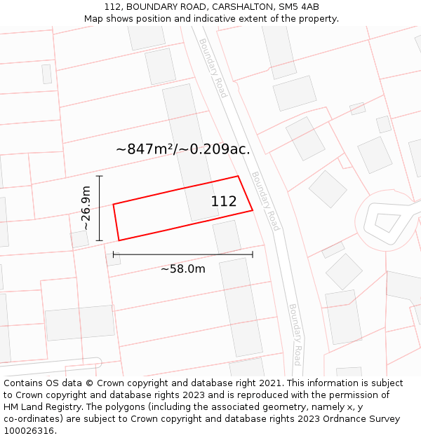 112, BOUNDARY ROAD, CARSHALTON, SM5 4AB: Plot and title map
