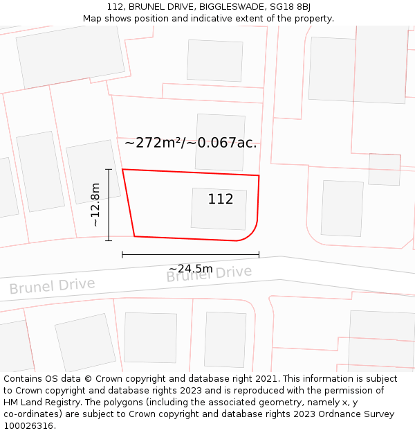 112, BRUNEL DRIVE, BIGGLESWADE, SG18 8BJ: Plot and title map