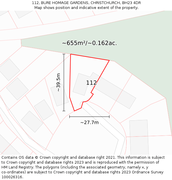 112, BURE HOMAGE GARDENS, CHRISTCHURCH, BH23 4DR: Plot and title map